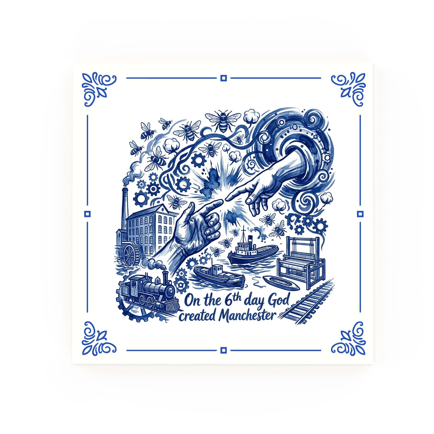 6th Day Delft blue decorative ceramic tile – Classic corner style