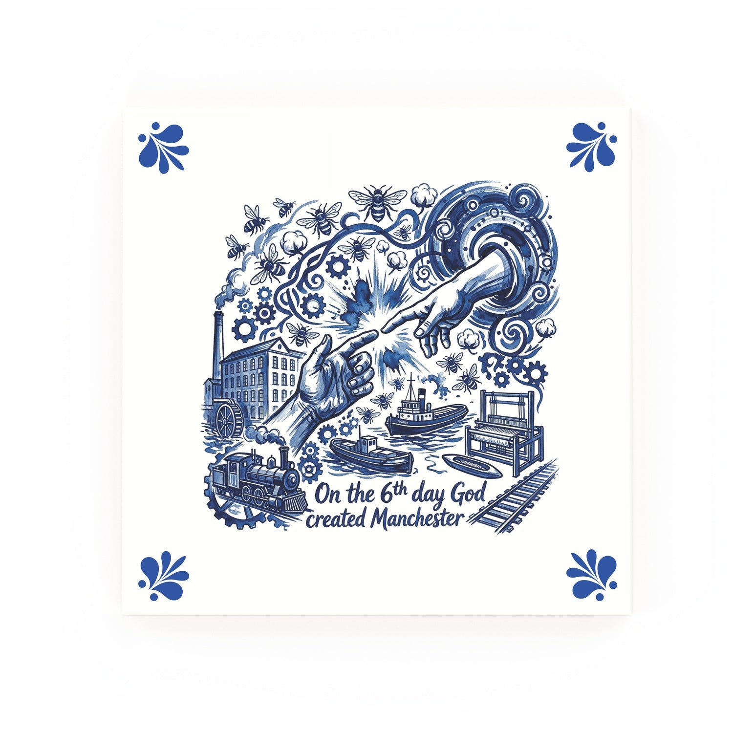 6th Day Delft blue decorative ceramic tile – Modern corner style
