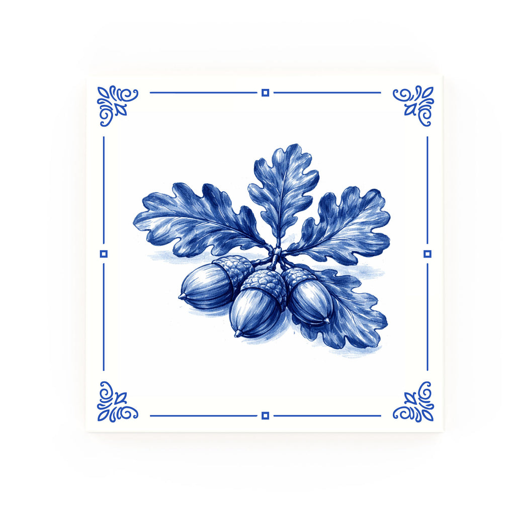 Acorns and Oak Leaves Delft blue decorative ceramic tile – Classic corner style