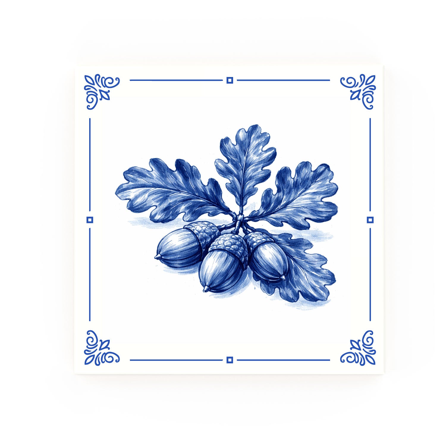 Acorns and Oak Leaves Delft blue decorative ceramic tile – Classic corner style