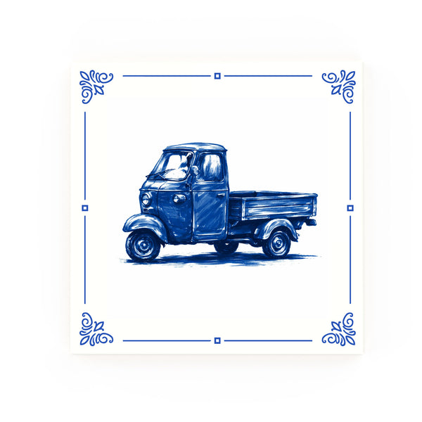 Piaggio Ape Delft blue decorative ceramic tile – Classic corner style
