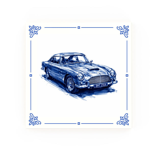 Aston Martin DB5 Delft blue decorative ceramic tile – Classic corner style
