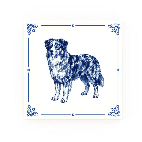 Australian Shepherd Delft blue decorative ceramic tile – Classic corner style