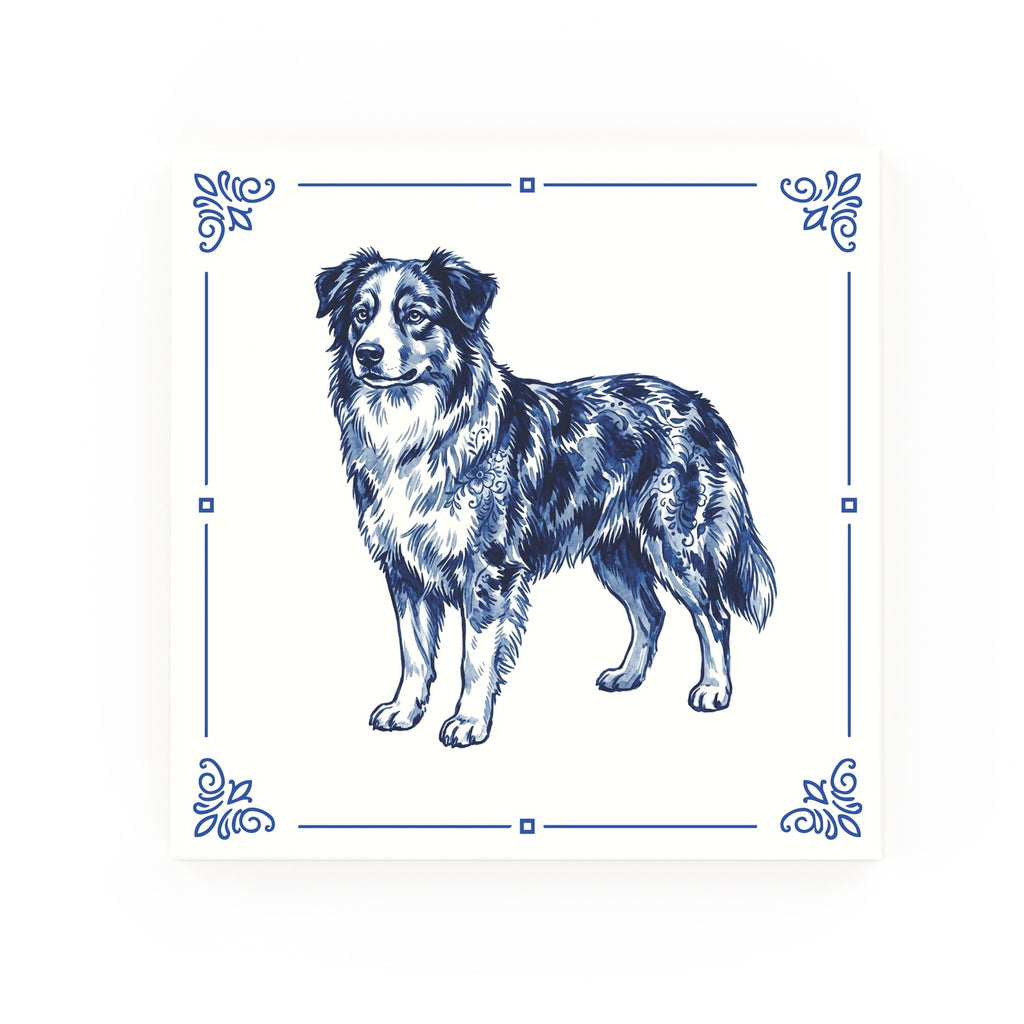 Australian Shepherd Delft blue decorative ceramic tile – Classic corner style