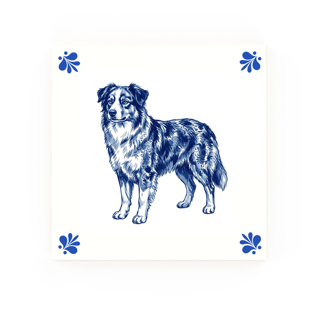 Australian Shepherd Delft blue decorative ceramic tile – Modern corner style