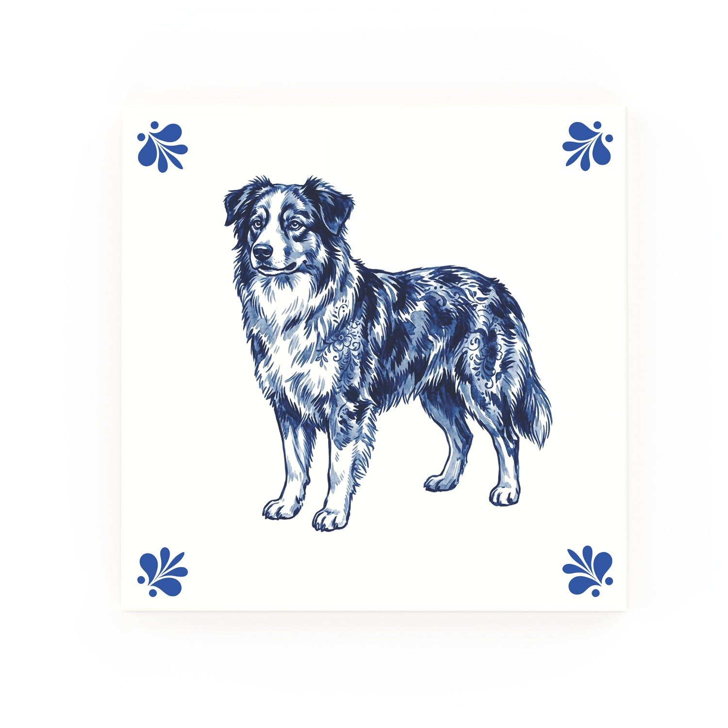 Australian Shepherd Delft blue decorative ceramic tile – Modern corner style