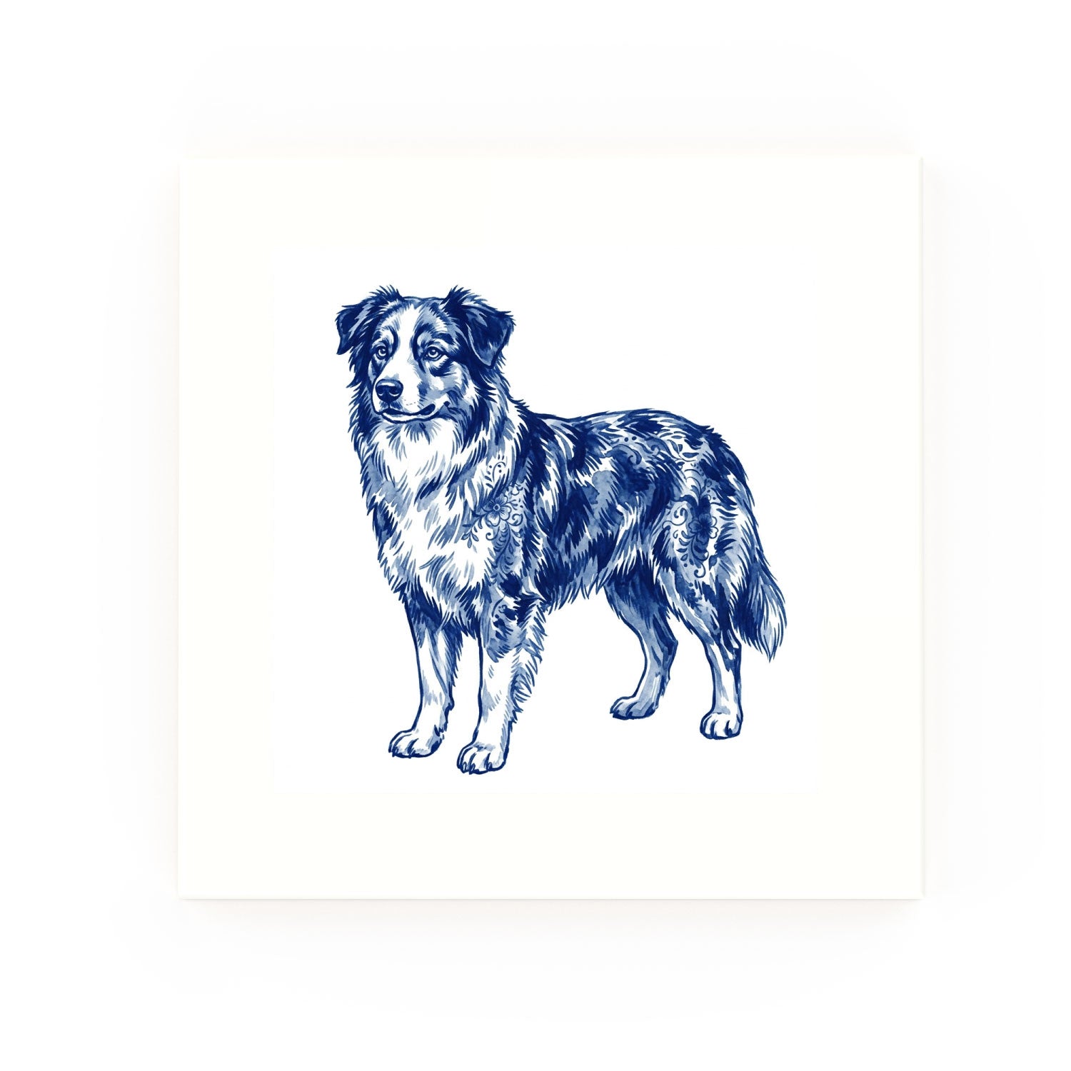 Australian Shepherd Delft blue decorative ceramic tile – no corner style