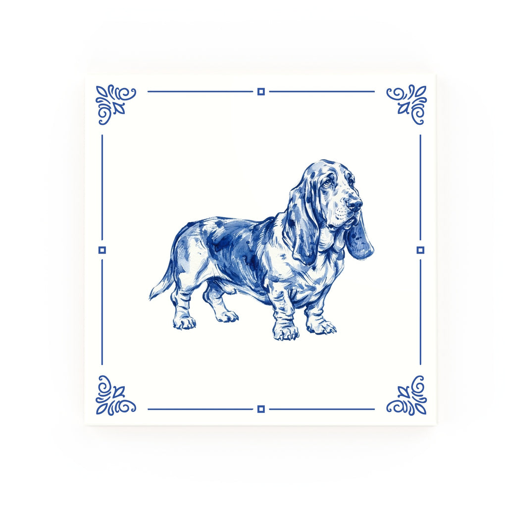 Basset Hound Delft blue decorative ceramic tile – Classic corner style