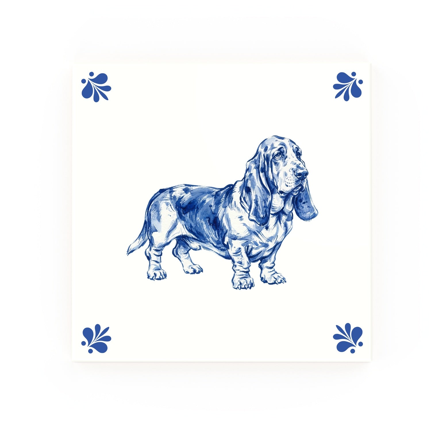 Basset Hound Delft blue decorative ceramic tile – Modern corner style