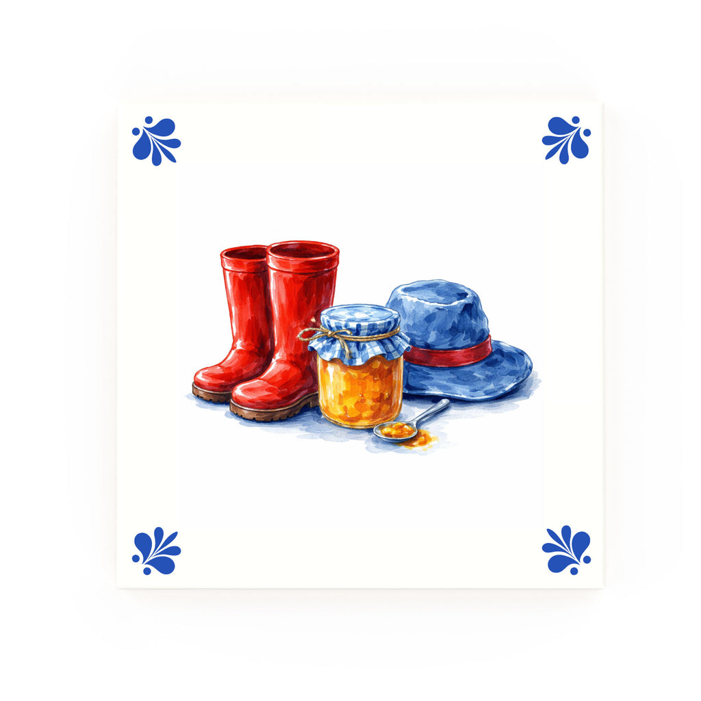 Bear Red Wellies Delft blue tile – modern rounded corners