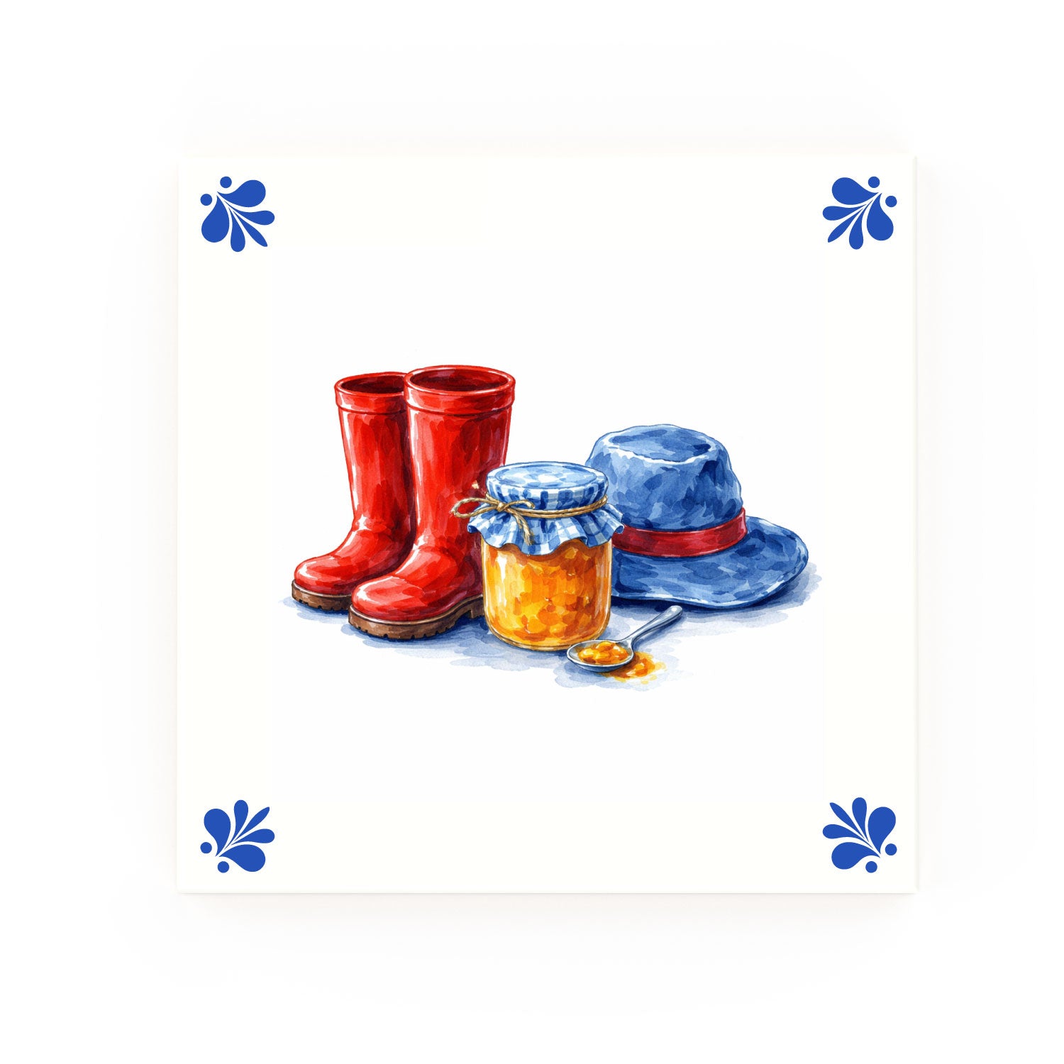 Bear Red Wellies Delft blue tile – modern rounded corners