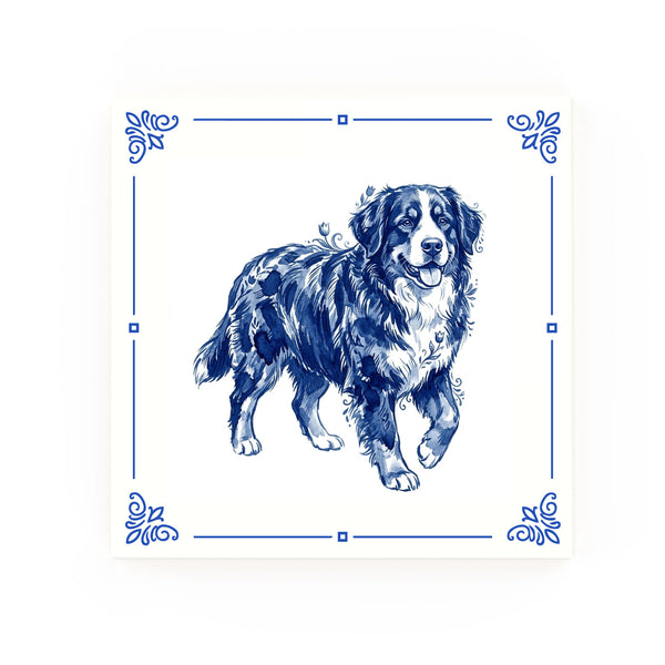 Bernese Mountain Dog Delft blue decorative ceramic tile – Classic corner style