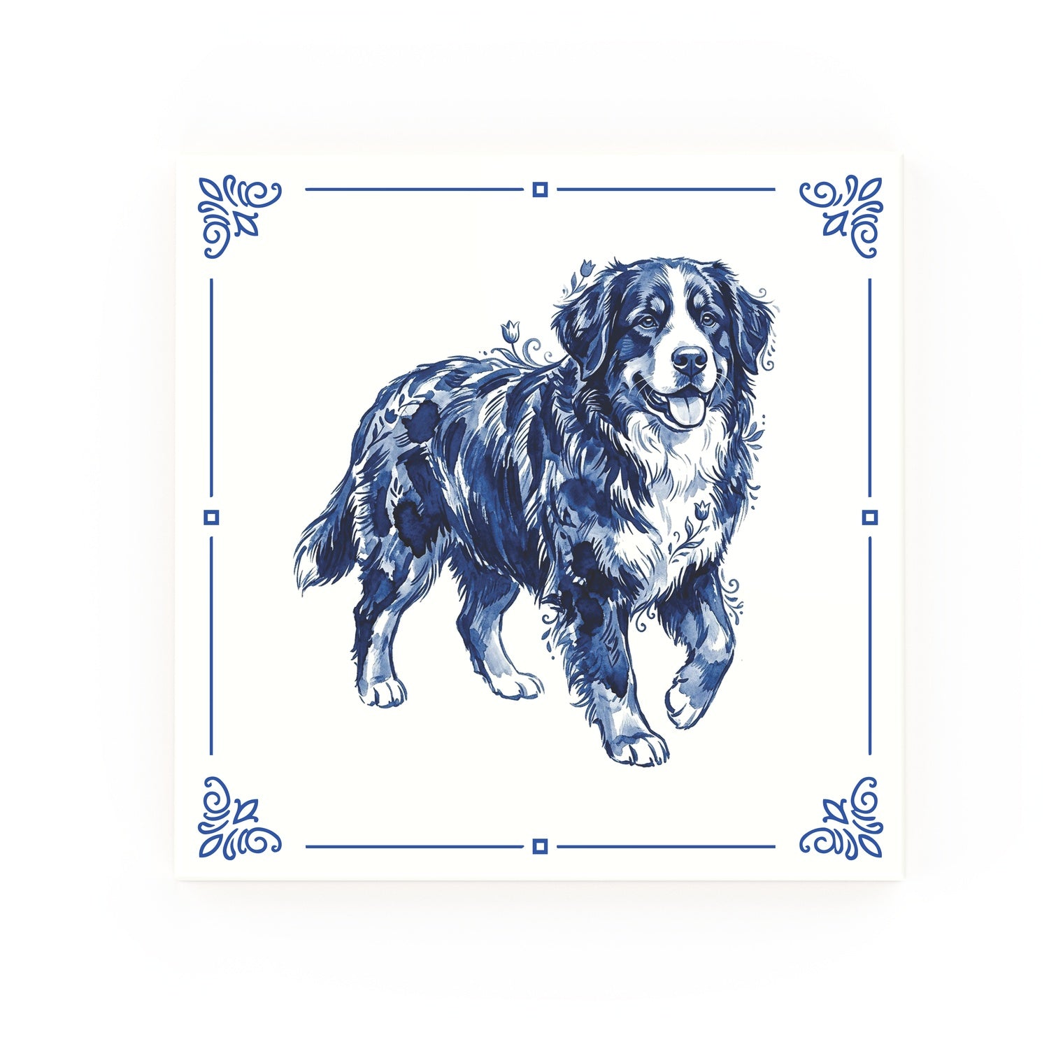 Bernese Mountain Dog Delft blue decorative ceramic tile – Classic corner style