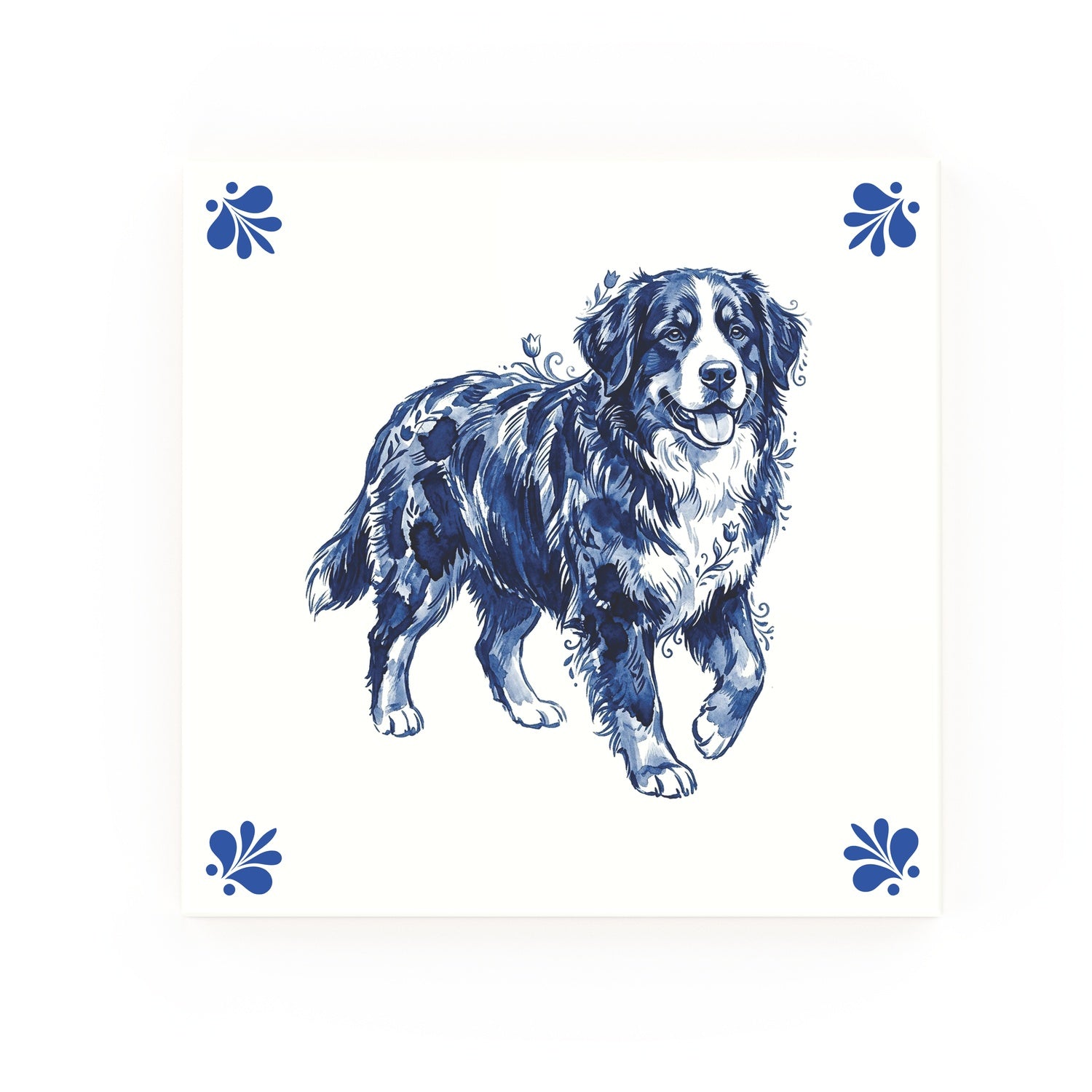 Bernese Mountain Dog Delft blue decorative ceramic tile – Modern corner style