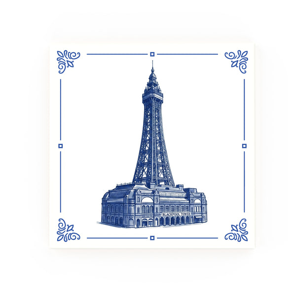 Blackpool Tower Delft blue decorative ceramic tile – classic corners