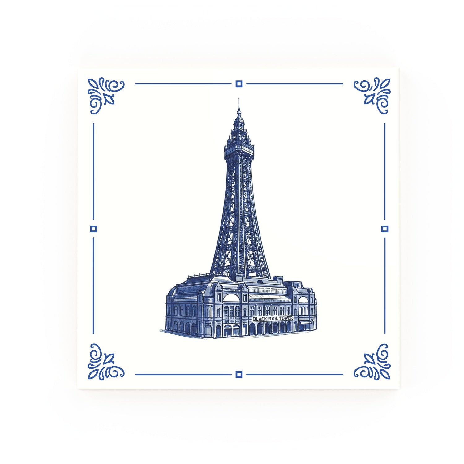 Blackpool Tower Delft blue decorative ceramic tile – classic corners