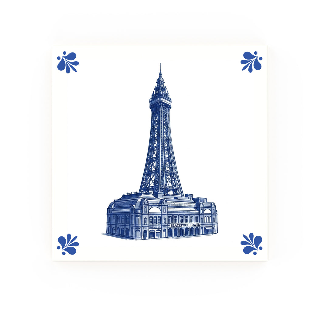 Blackpool Tower Delft blue tile – modern rounded corners