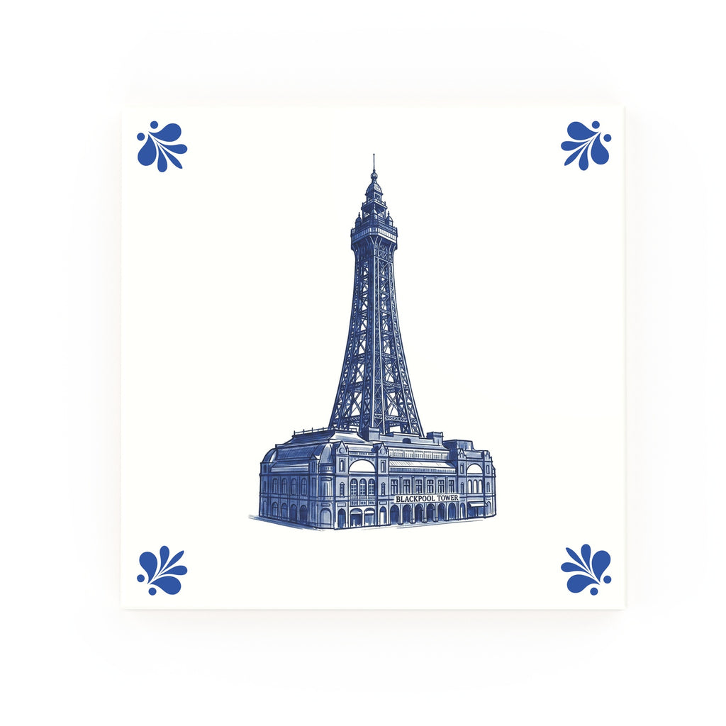 Blackpool Tower Delft blue tile – modern rounded corners