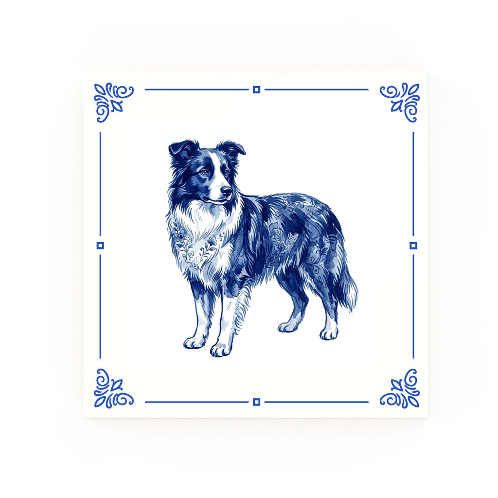 Border Collie Delft blue decorative ceramic tile – Classic corner style