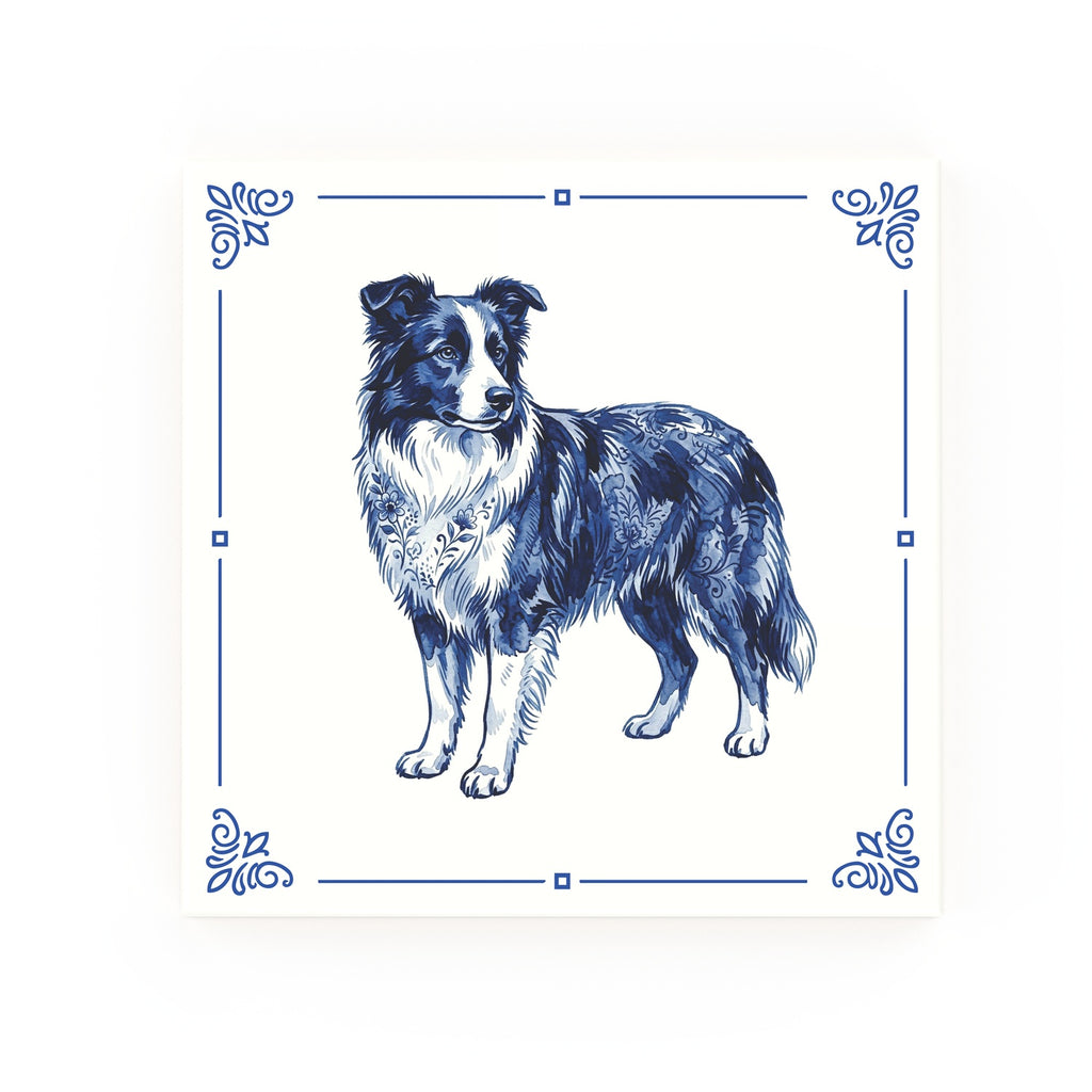Border Collie Delft blue decorative ceramic tile – Classic corner style