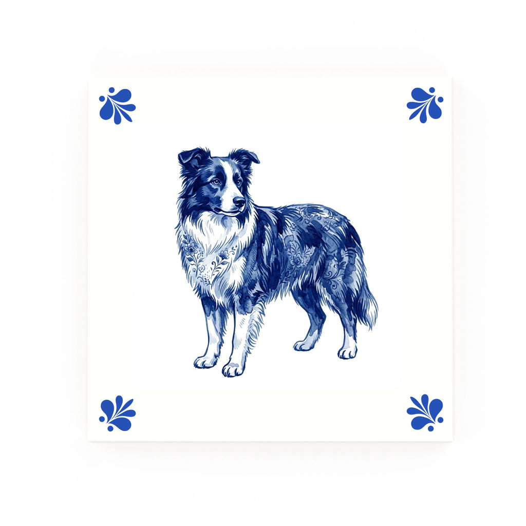 Border Collie Delft blue decorative ceramic tile – Modern corner style
