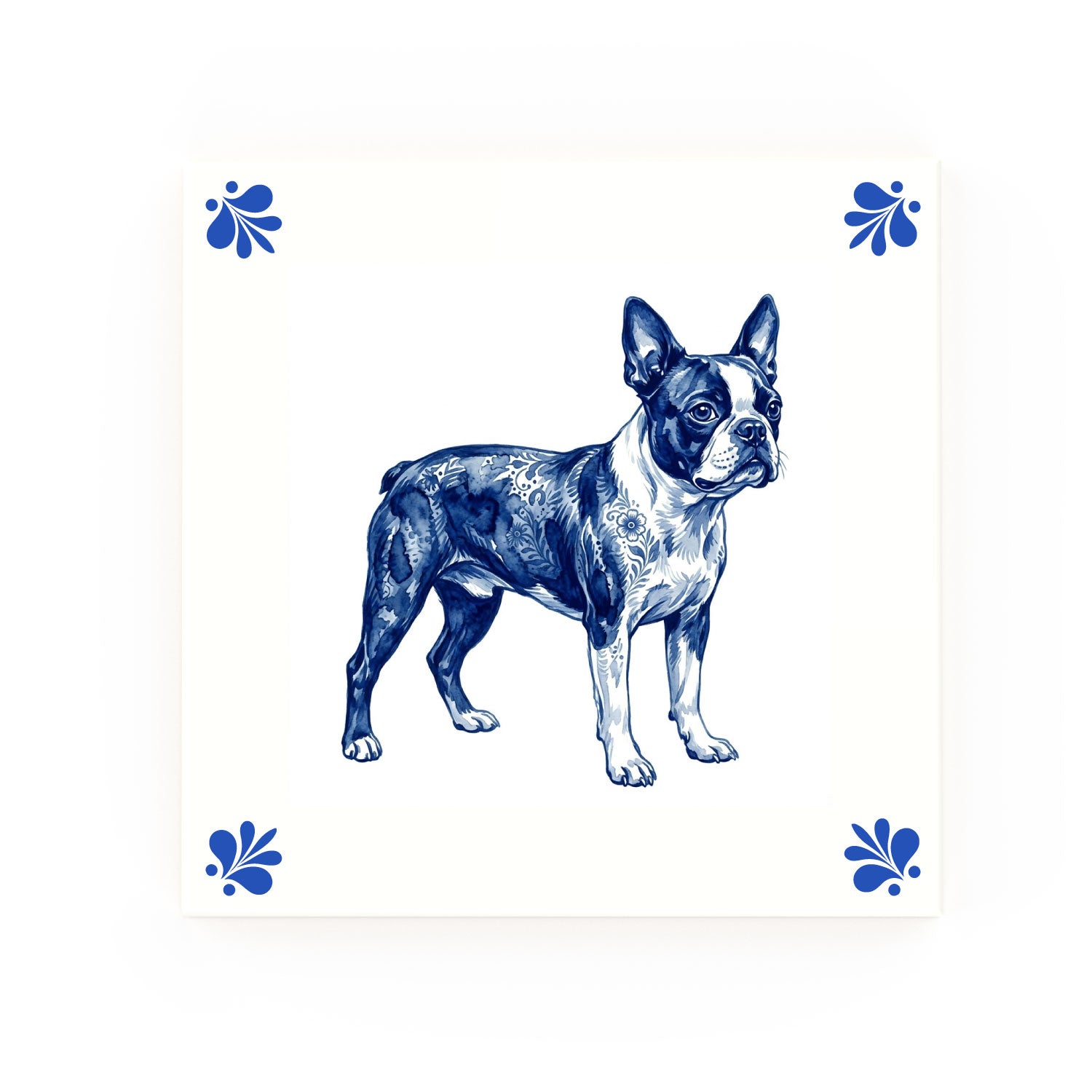 Boston Terrier Delft blue decorative ceramic tile – Modern corner style