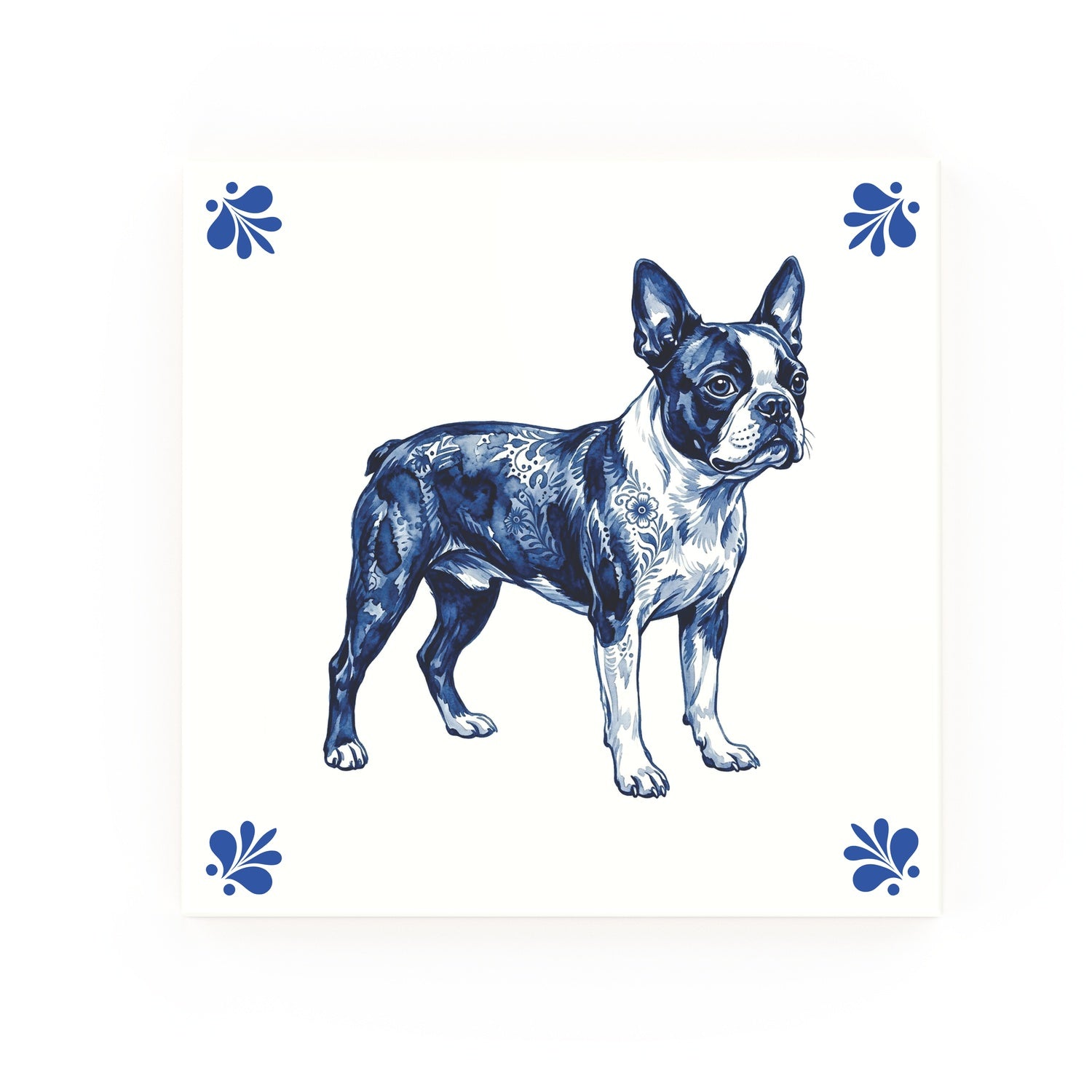 Boston Terrier Delft blue decorative ceramic tile – Modern corner style