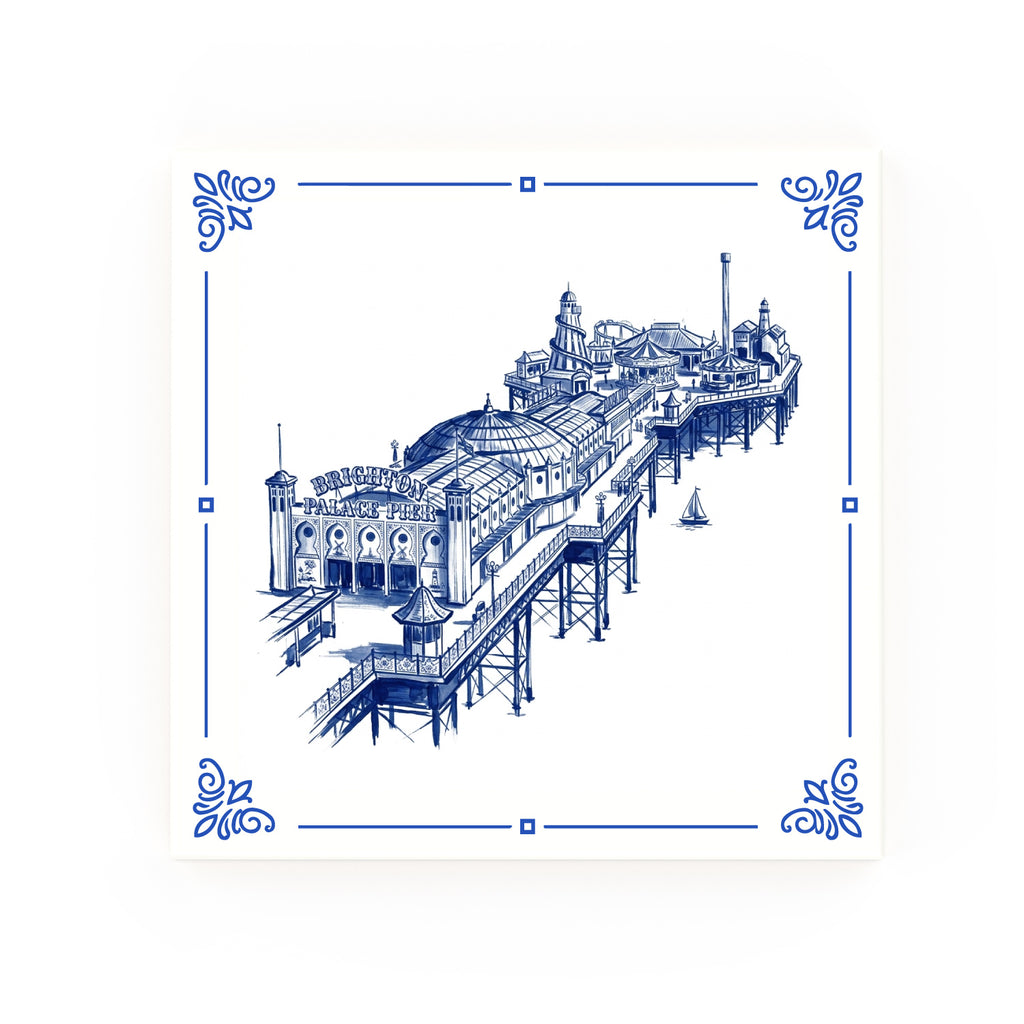 Brighton Pier Delft blue decorative ceramic tile – Classic corner style