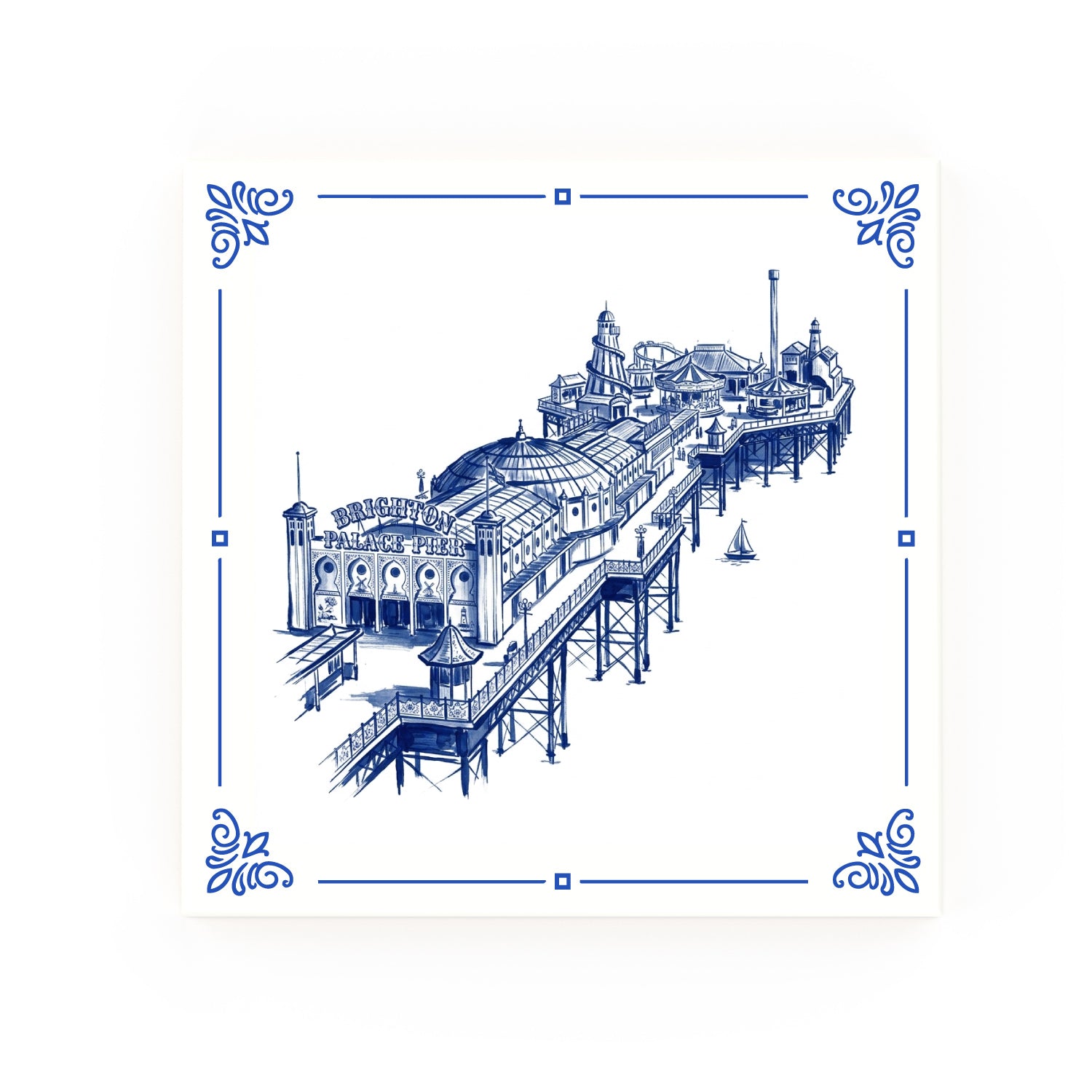 Brighton Pier Delft blue decorative ceramic tile – Classic corner style