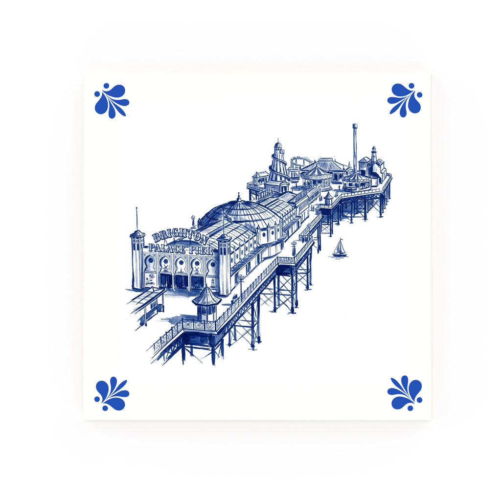 Brighton Pier Delft blue decorative ceramic tile – Modern corner style