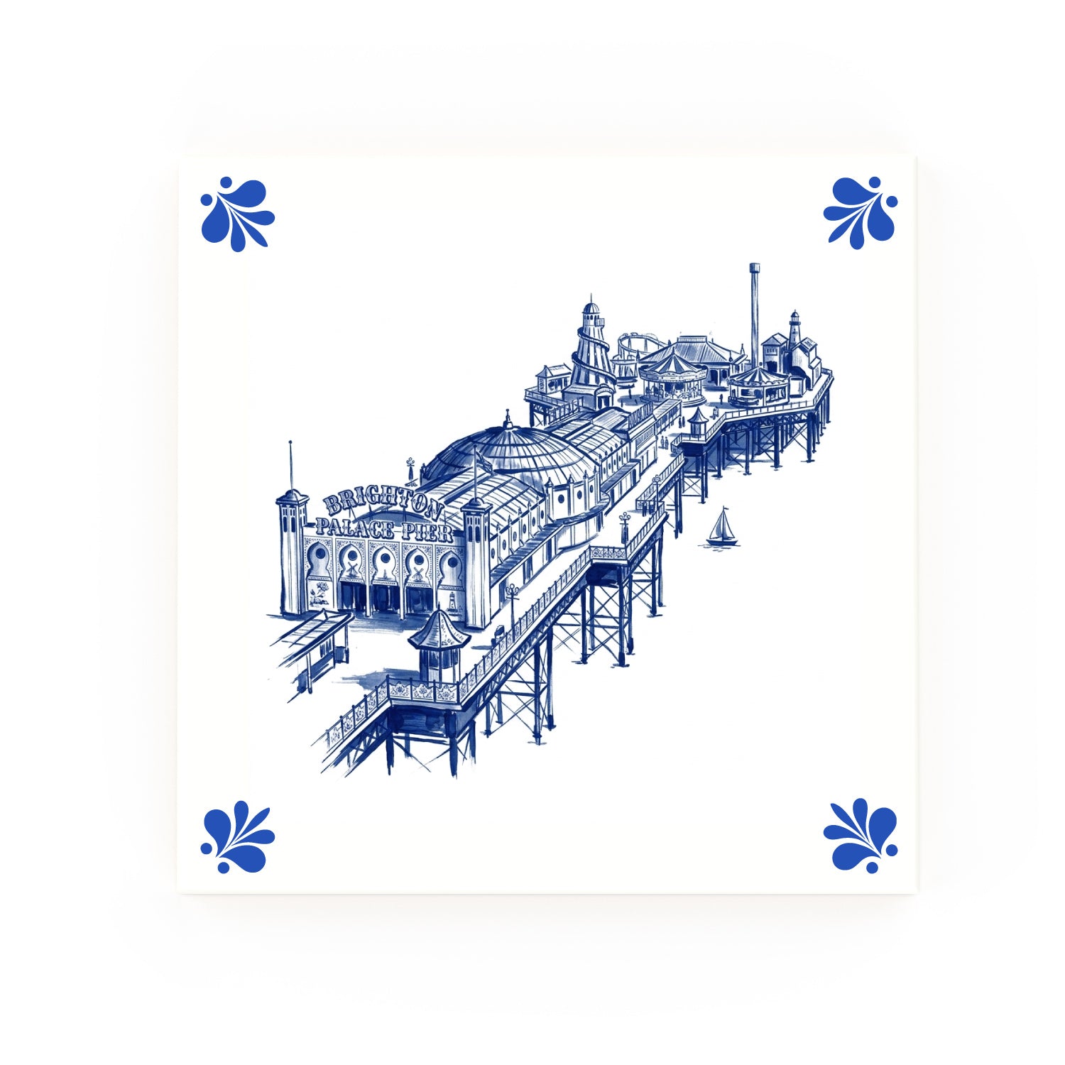 Brighton Pier Delft blue decorative ceramic tile – Modern corner style