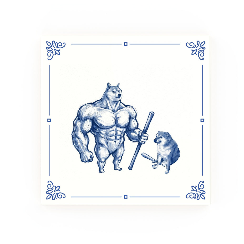 Buff Doge vs. Cheems Delft blue decorative ceramic tile – Classic corner style