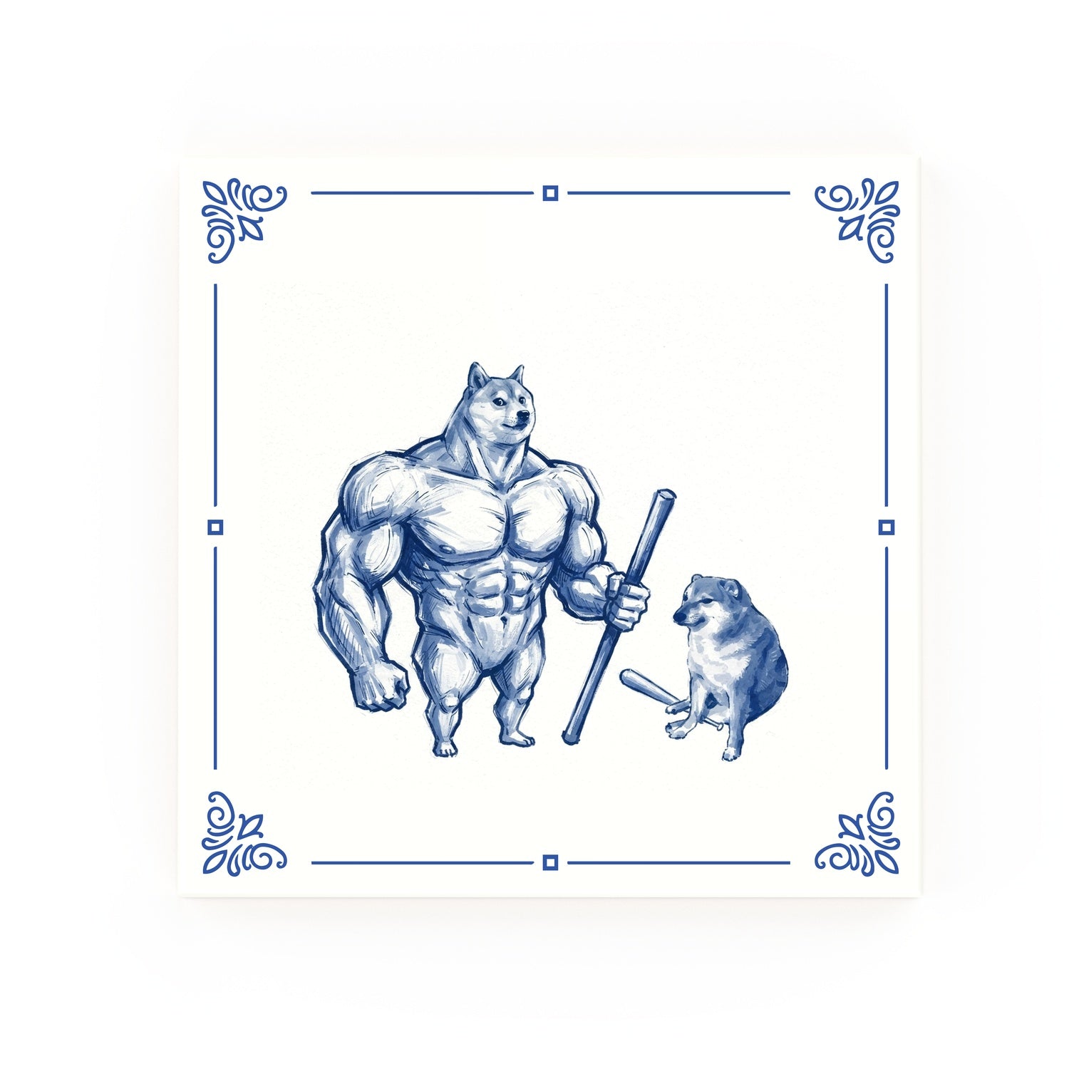 Buff Doge vs. Cheems Delft blue decorative ceramic tile – Classic corner style