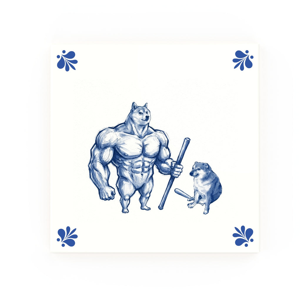 Buff Doge vs. Cheems Delft blue decorative ceramic tile – Modern corner style