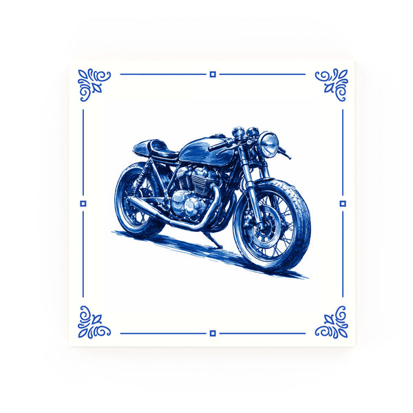 Cafe Racer Motorcycle Delft blue decorative ceramic tile – Classic corner style