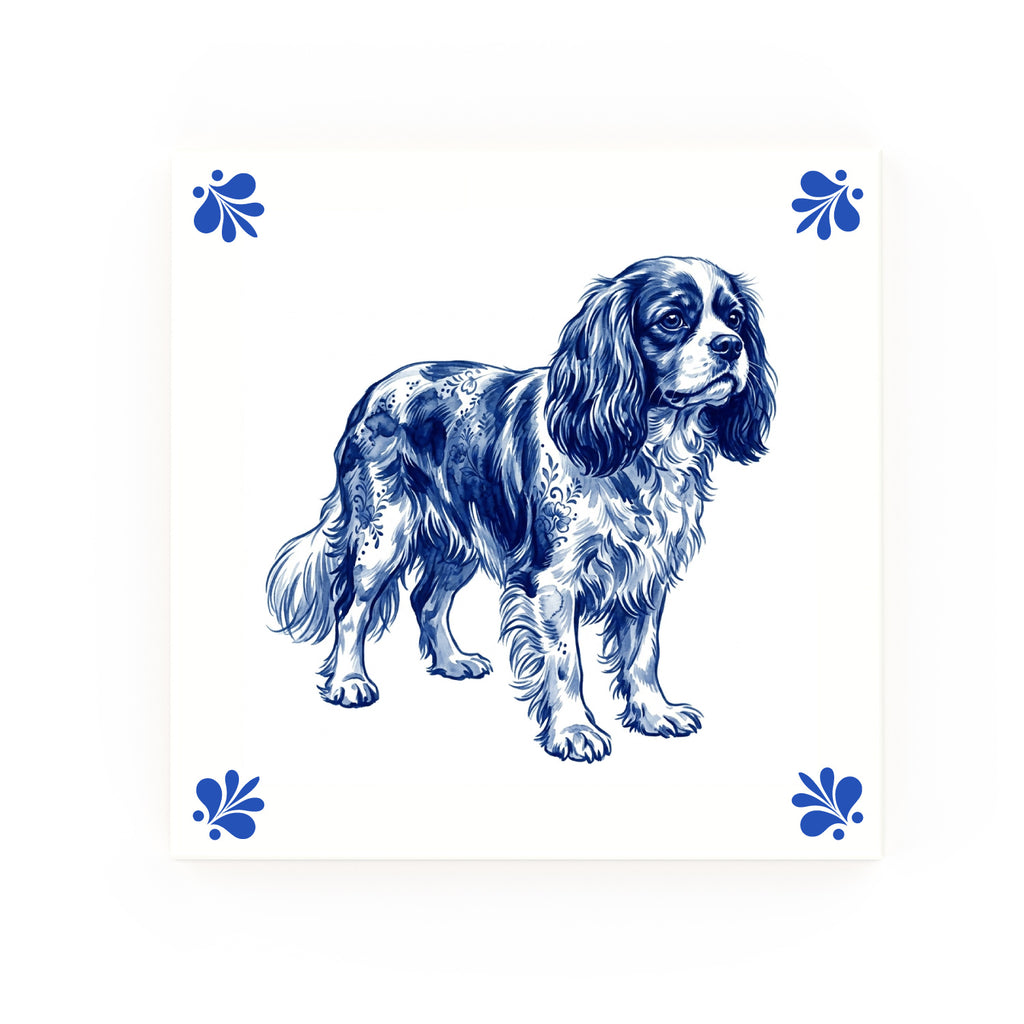 Cavalier King Charles Spaniel Delft blue decorative ceramic tile – Modern corner style
