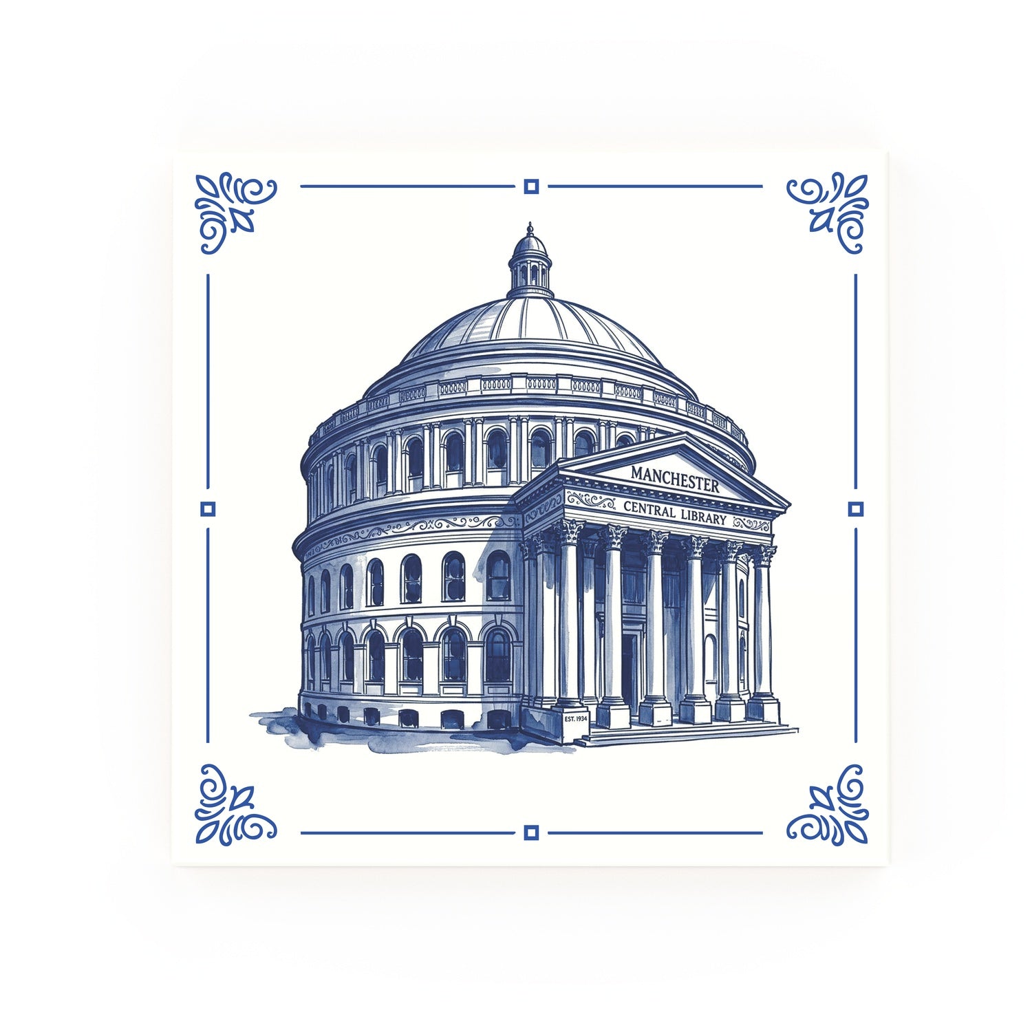 Central Library Delft blue decorative ceramic tile – Classic corner style