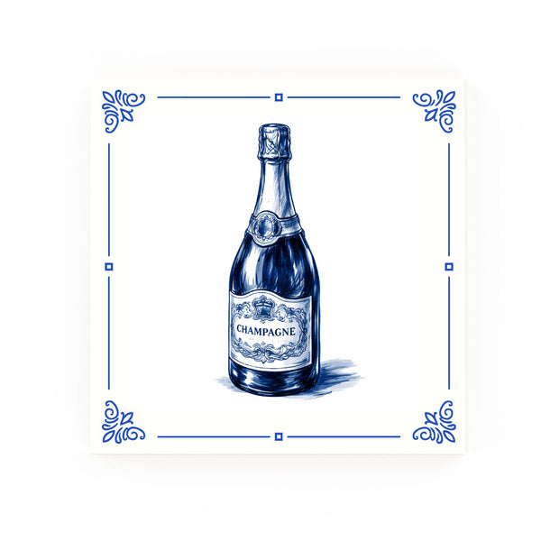 Champagne bottle Delft blue decorative ceramic tile – Classic corner style