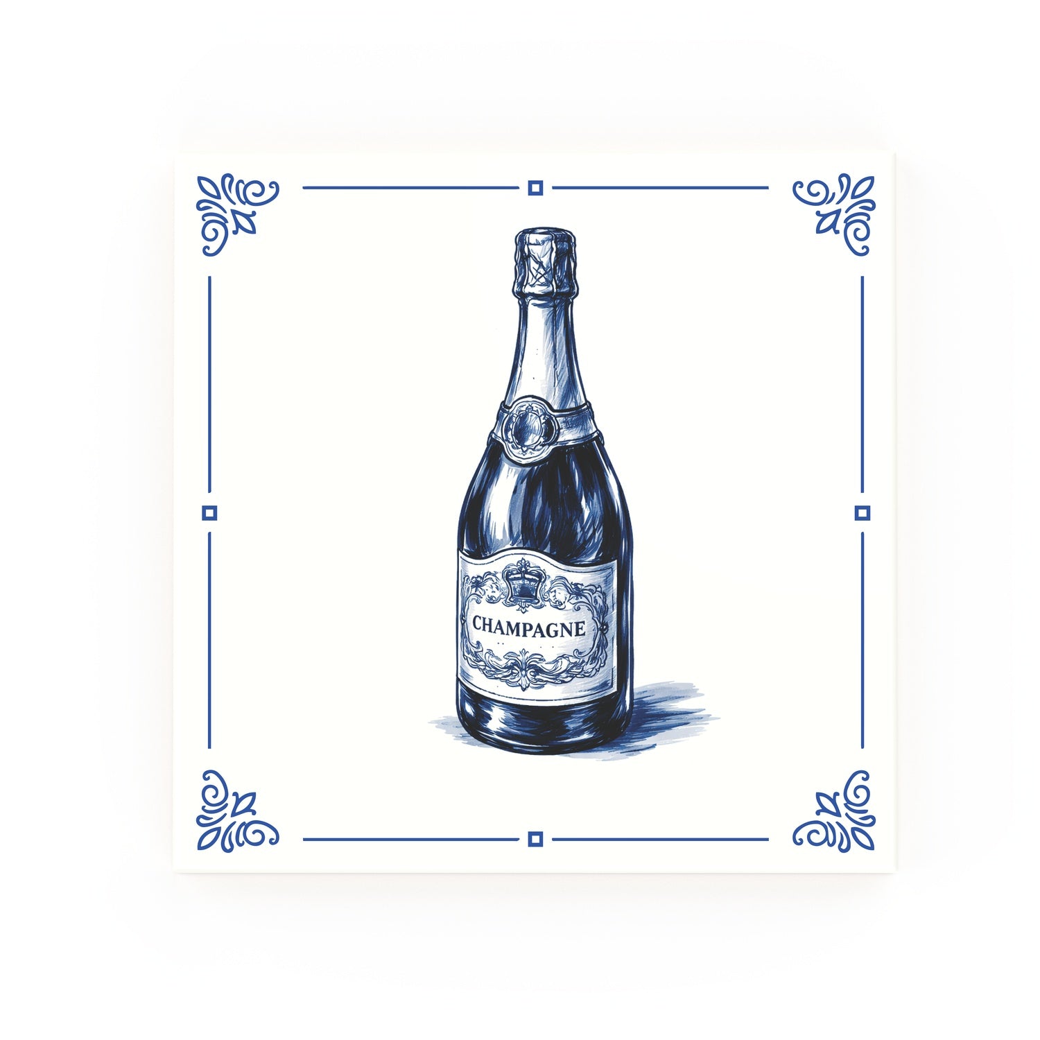 Champagne bottle Delft blue decorative ceramic tile – Classic corner style