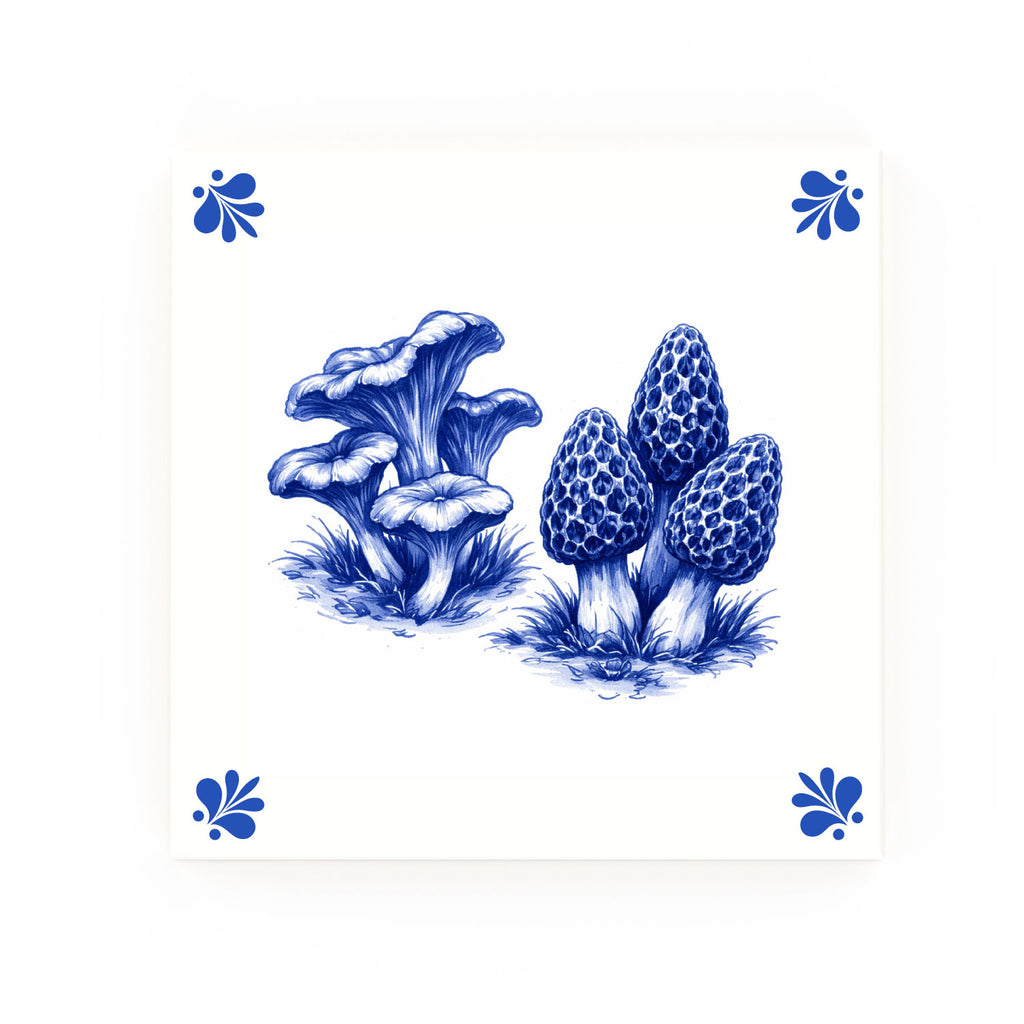 Chanterelles and Wild Morels Delft blue decorative ceramic tile – Modern corner style