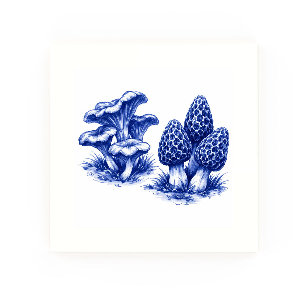 Chanterelles and Wild Morels Delft blue decorative ceramic tile – no corner style
