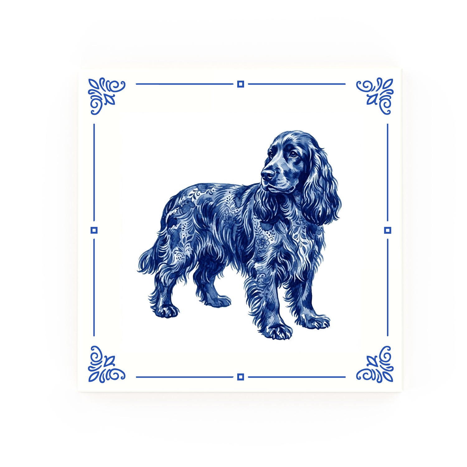 Cocker Spaniel Delft blue decorative ceramic tile – Classic corner style