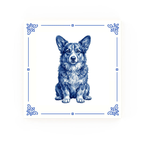 Corgipoo Delft blue decorative ceramic tile – Classic corner style