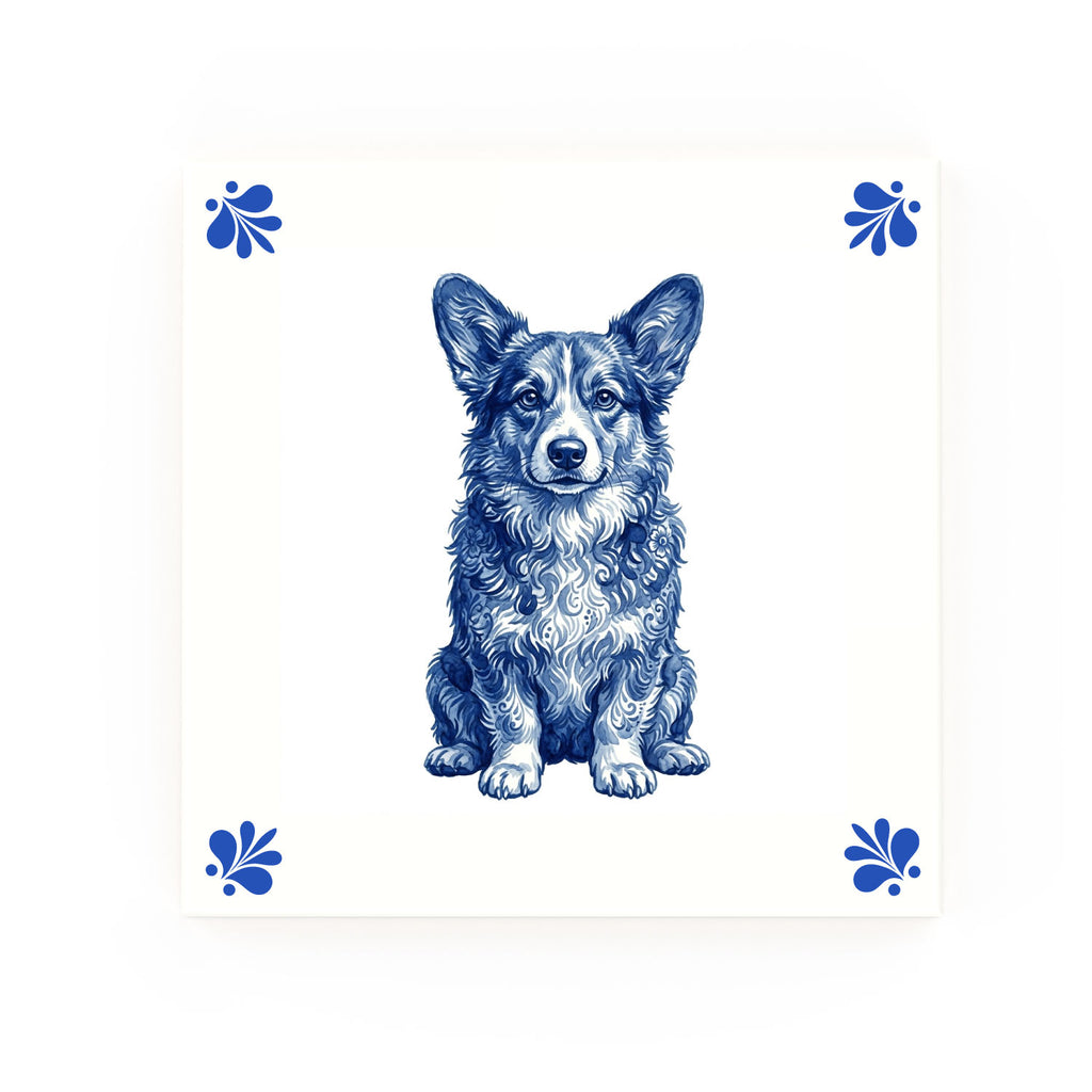 Corgipoo Delft blue decorative ceramic tile – Modern corner style