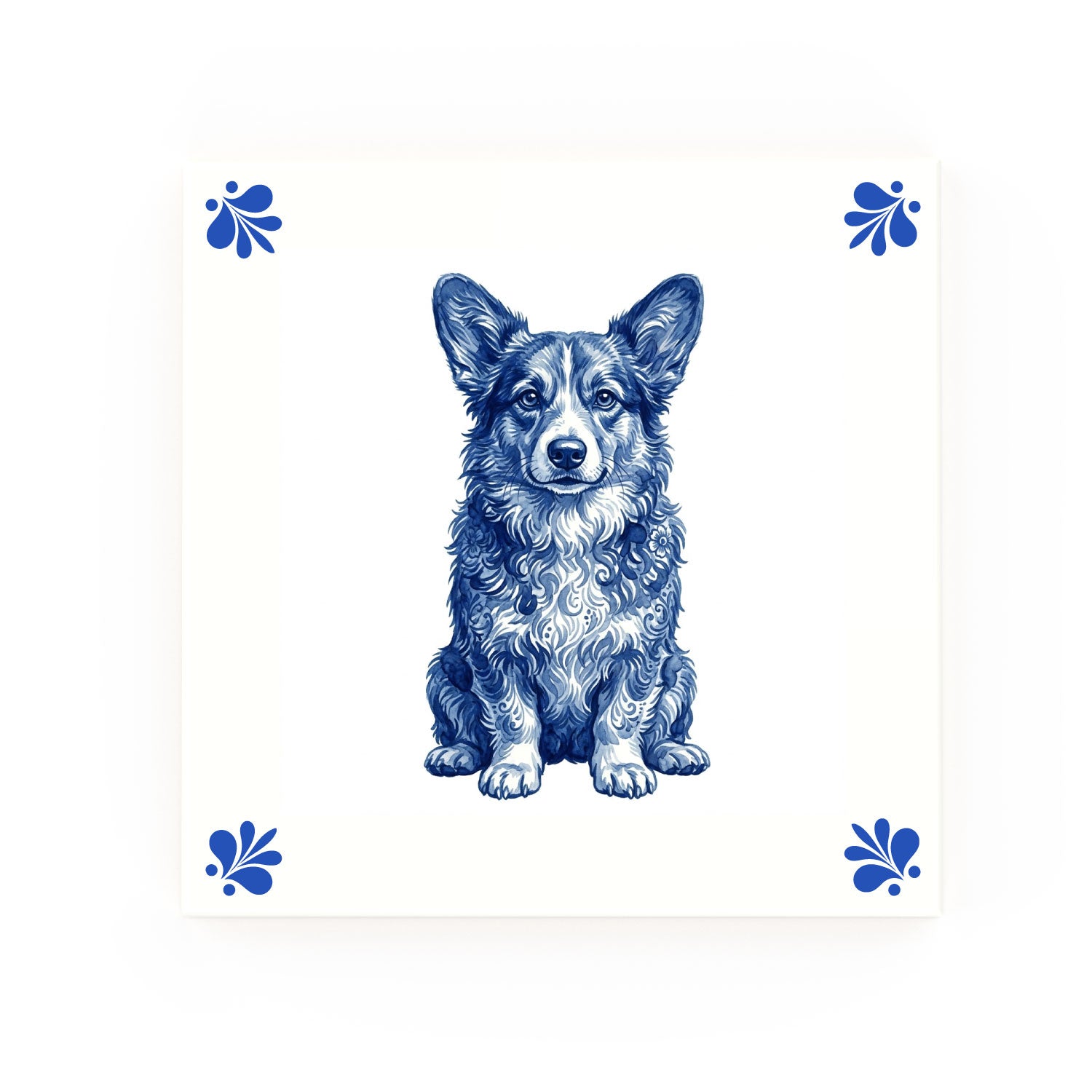 Corgipoo Delft blue decorative ceramic tile – Modern corner style