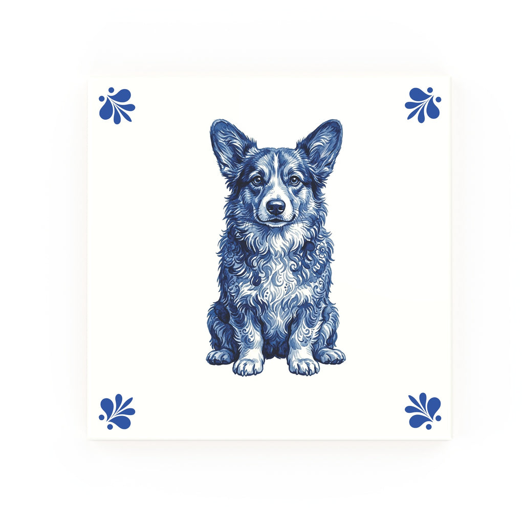 Corgipoo Delft blue decorative ceramic tile – Modern corner style