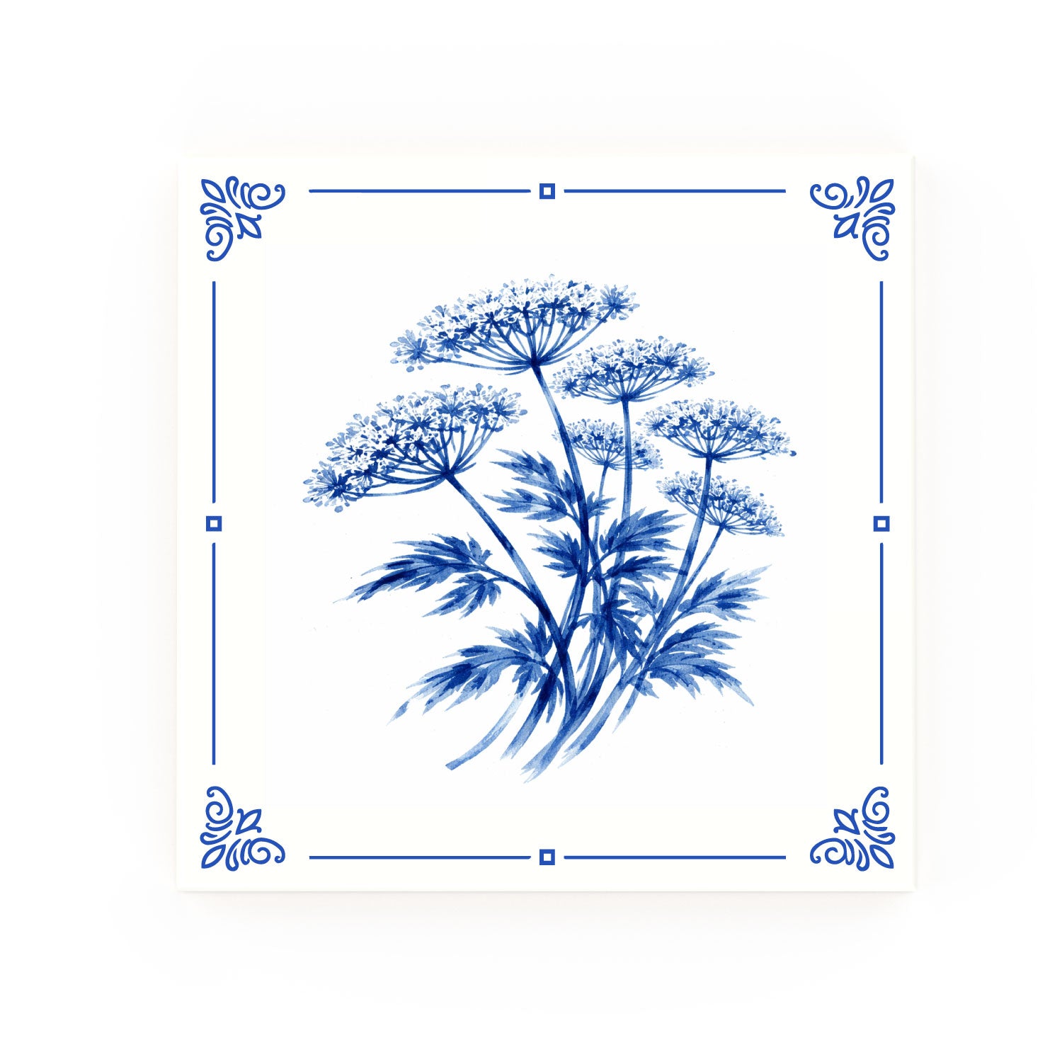 Cow Parsley Delft blue decorative ceramic tile – Classic corner style