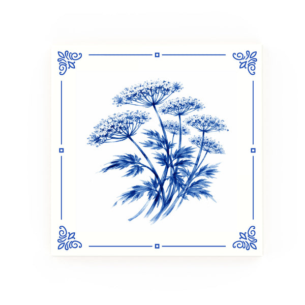 Cow Parsley Delft blue decorative ceramic tile – Classic corner style