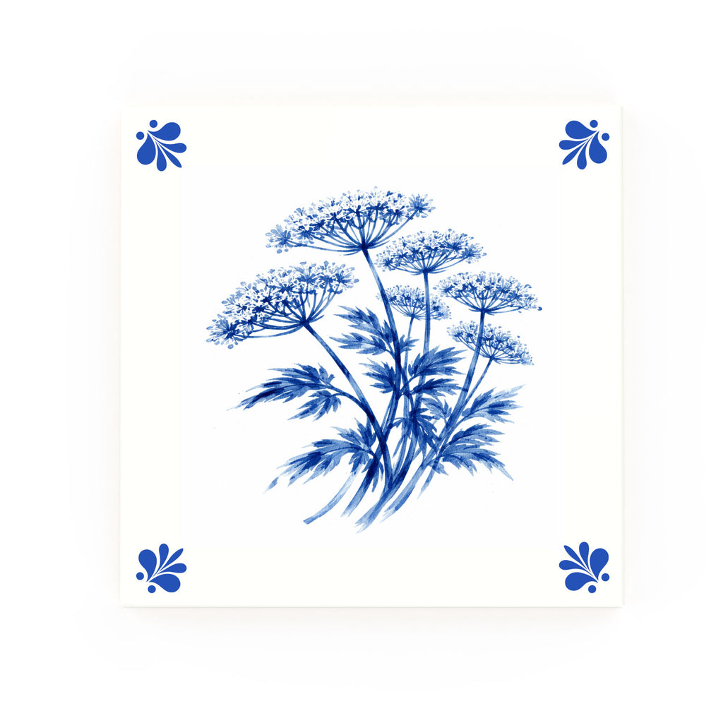 Cow Parsley Delft blue decorative ceramic tile – Modern corner style