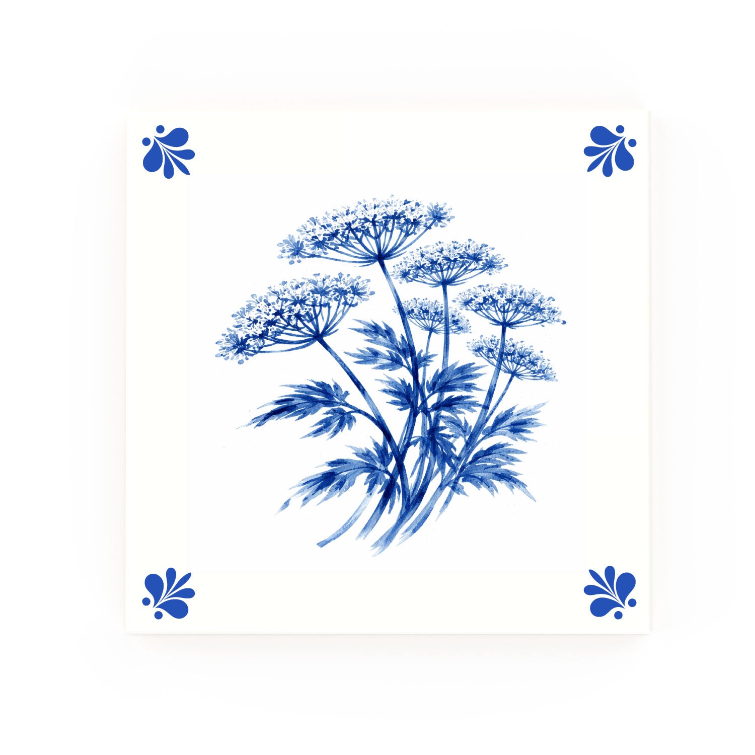 Cow Parsley Delft blue decorative ceramic tile – Modern corner style